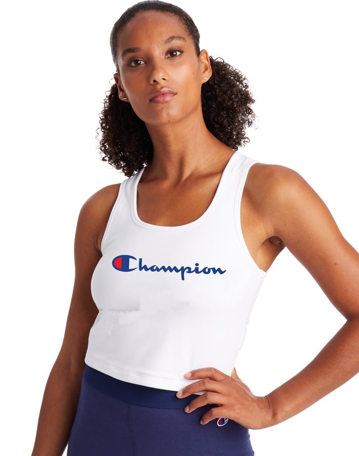 Champion Authentic Crop Script Logo Kadın Kolsuz Tişört Beyaz ( MNQZHA269 )